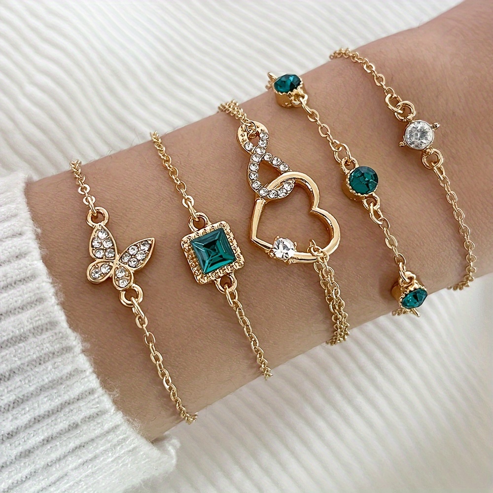 5 piezas de elegante juego de pulseras vintage, aleación con pedrería, símbolo de corazón e infinito, detalles geométricos en verde, versátil para uso diario y de fiesta.