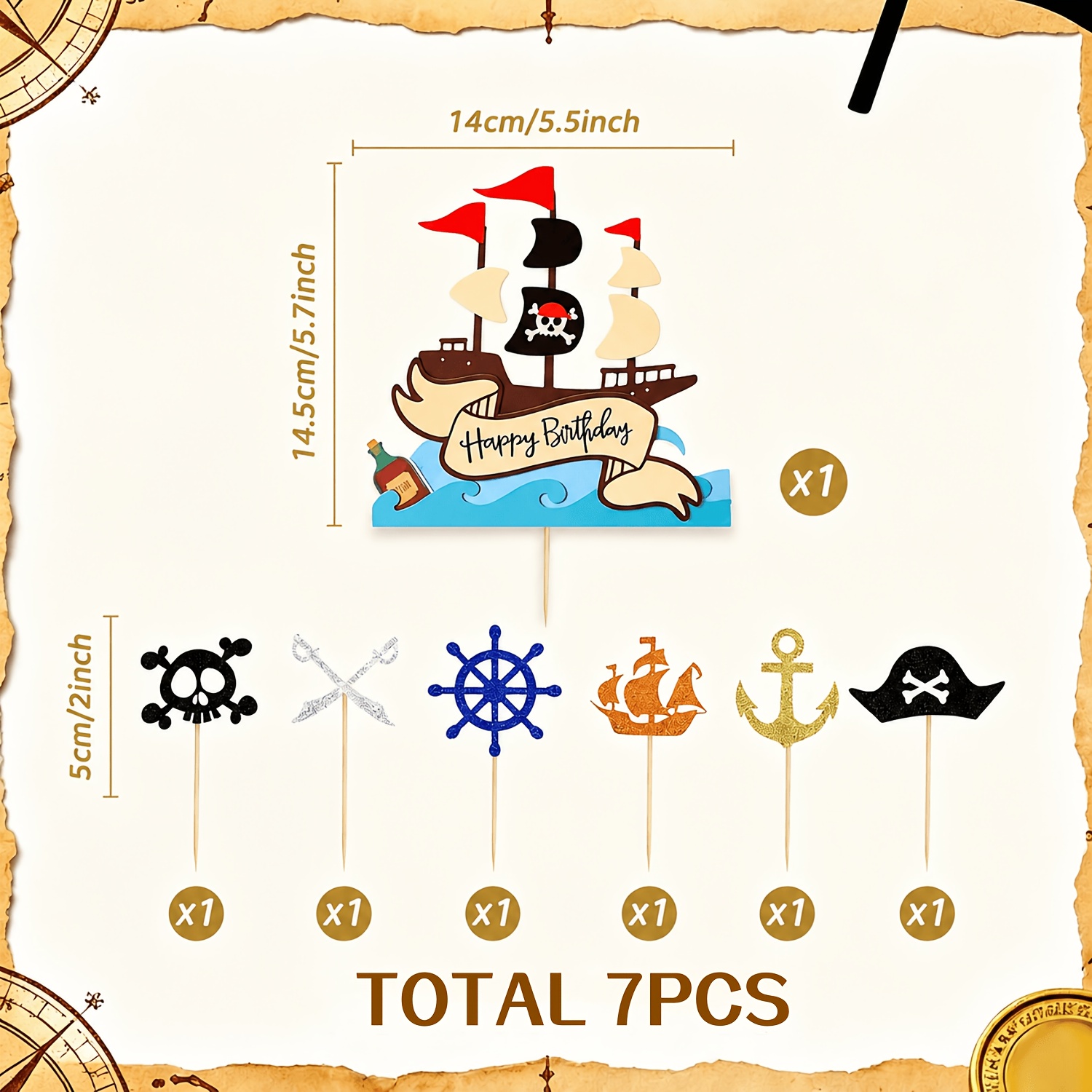 TEMU RGT 7 piezas Decoración de de pirata, Suministros para de de pirata, Decoración de arcón , Adornos para cupcakes de pirata, Decoración de ,
