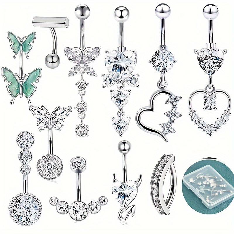 

Elegant 11pcs Belly Button Ring Set - Stainless Steel With Cubic Zirconia, Heart-themed Dangle Rings For Women, & Parties, Includes Gift Box