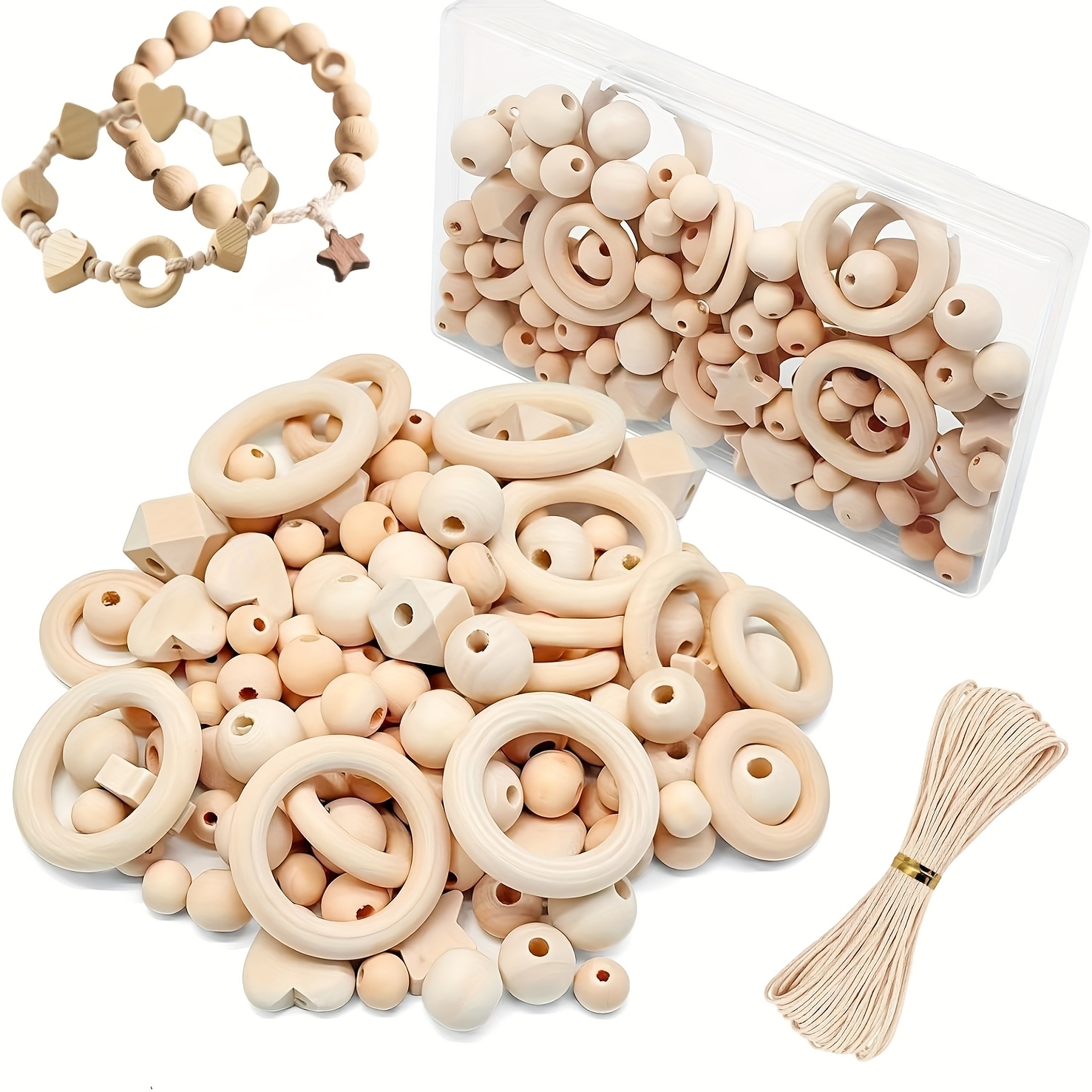 126pcs Natural Wood Bead Craft Kit With Wax Thread & Wood Beads (stars, Hearts, Rings, Cylinders) - Diy Making Supplies For Bracelets, Necklaces, Keychains - All- Craft Set For S &, Gift Idea