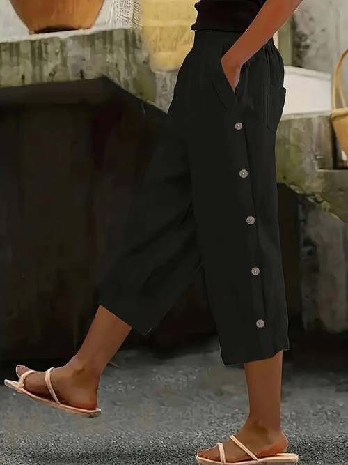 spring summer versatile button decor comfortable elastic waist pocket casual capri pants