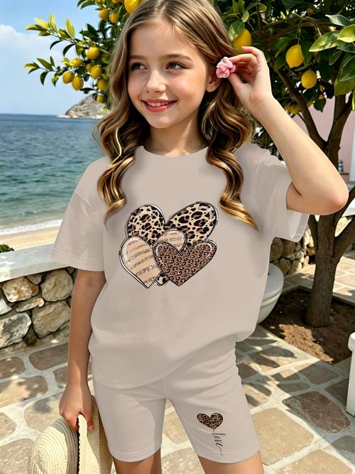 girls fashion set with trendy print design casual short sleeve 2pcs outfit for teens summer beach and for outdoor
