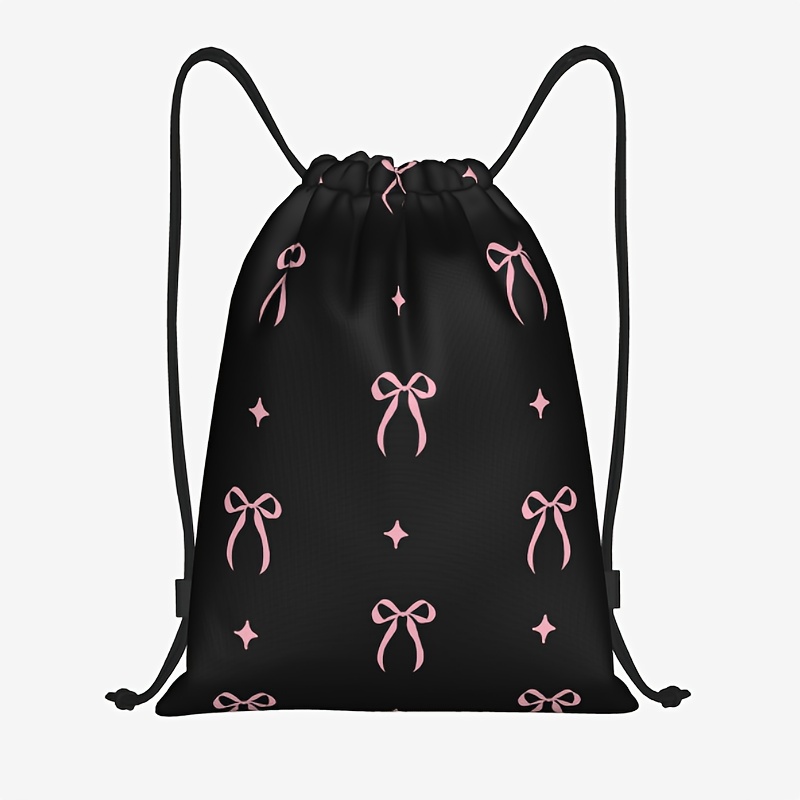 Image of 1pc Women's Backpack With Pink Bow And Bow Decoration | Durable Oxford Cloth Softshell Gym Bag With Adjustable Strap And Drawstring Closure, Black Pink With Heart And Bow Pattern, Safety Rope Closure