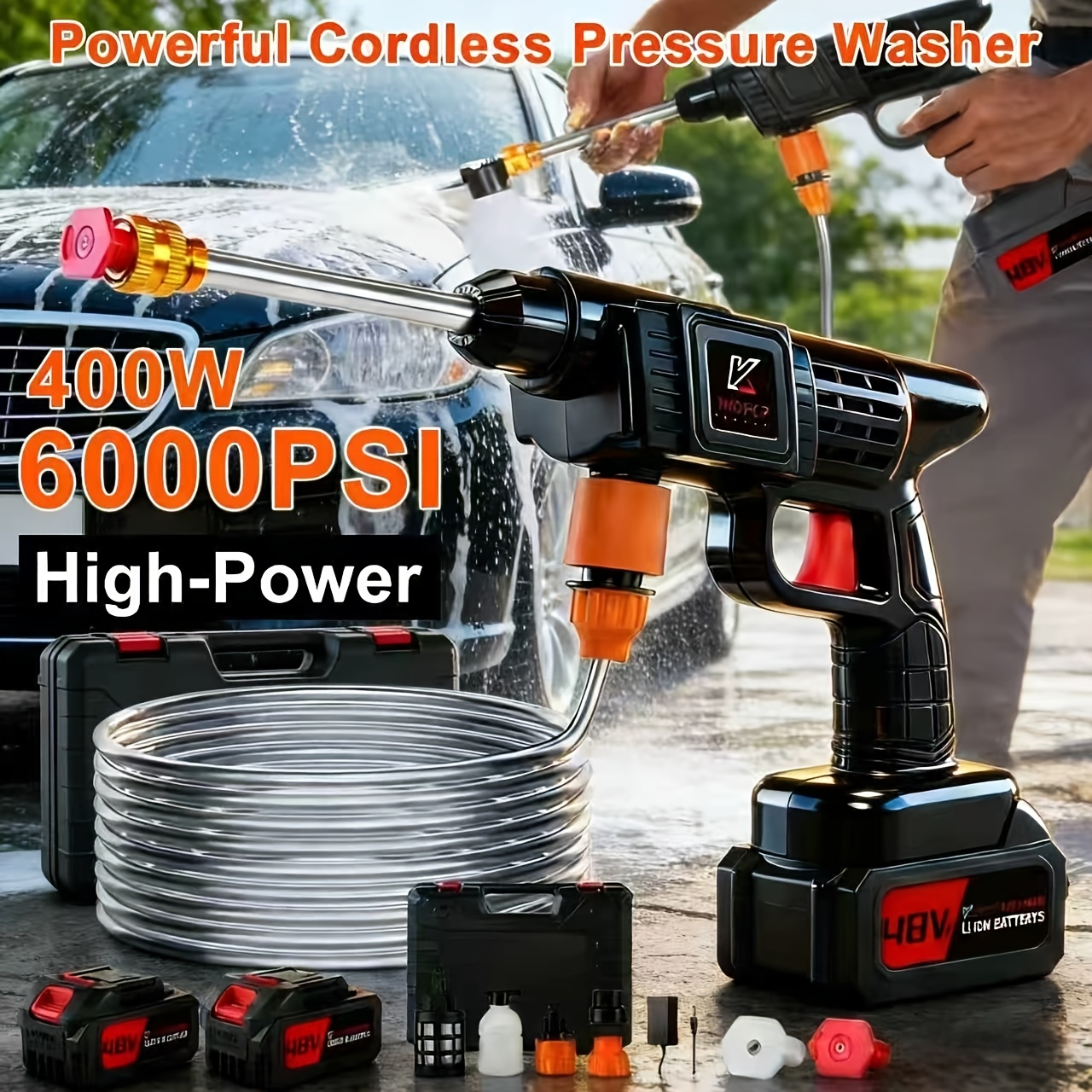 400w Portable Cordless High-voltage Electric Car Wash Machine - With A 6-in-1 Nozzle And 5-meter Hose, 2 3000mah Batteries, Suitable For Car Washing/home/floor/garden Cleaning, Is For Fathers And