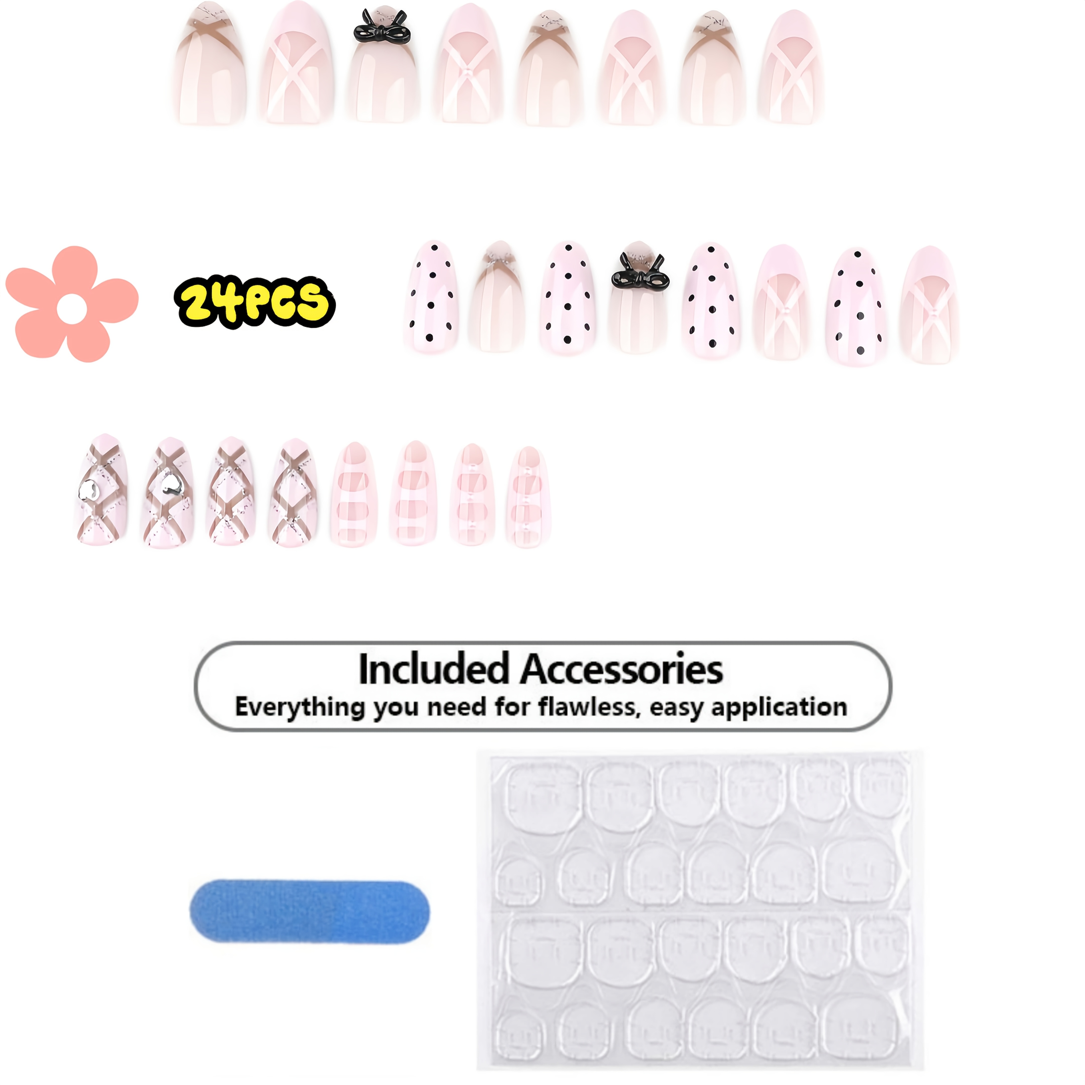 TEMU 24pcs 24pcs Short Oval Press On Nails Suitable For Women, Bow & Rhinestone Glossy False Nails With 3d Bows, Y2k Coquette Style Reusable Fake