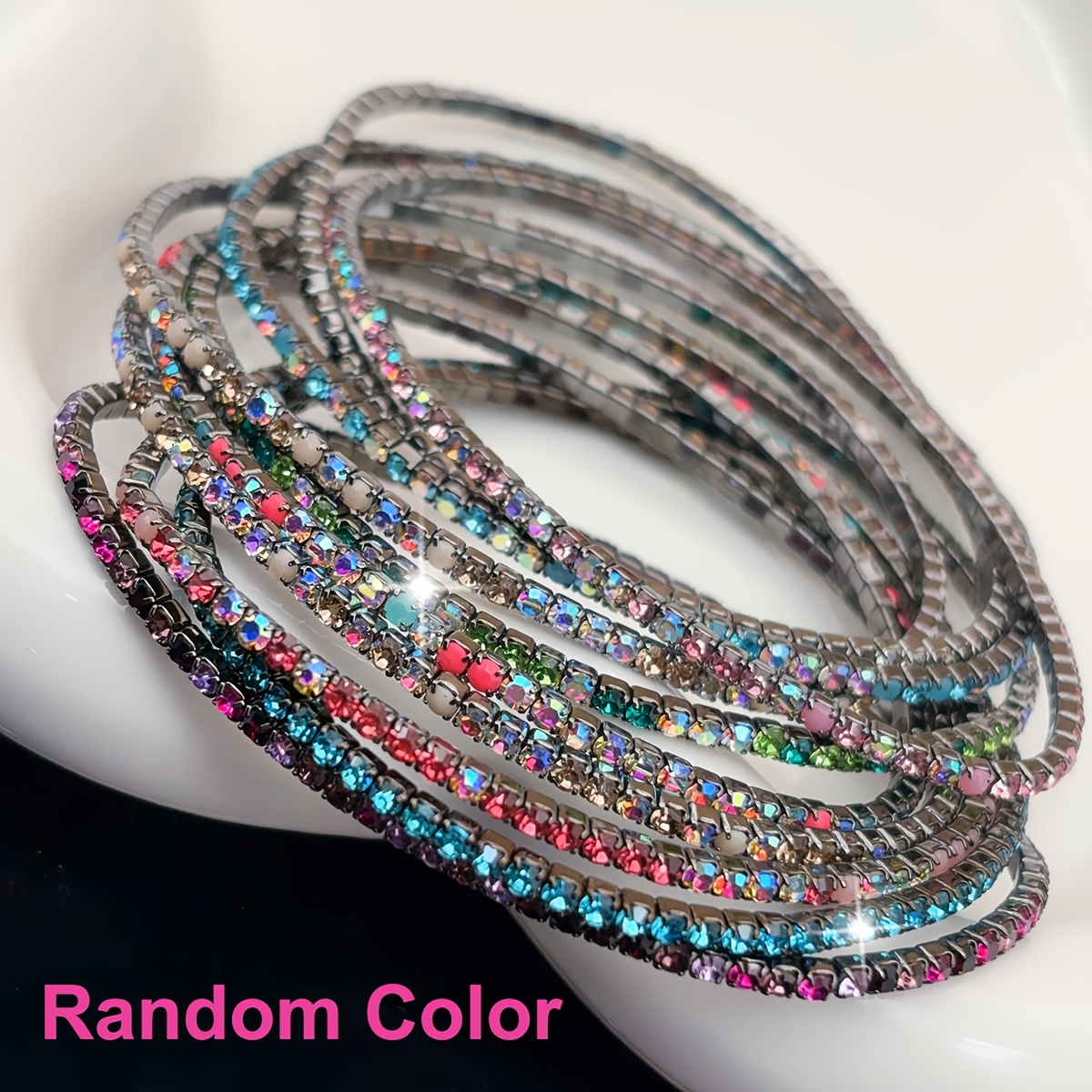 TEMU 10/12/16/28/32/48/56/64/96pcs Bracelet Tennis Élastique pour Femme à Base Noire Ultra-Mince Multicolore Empilable avec Strass Brillant - Cadeau