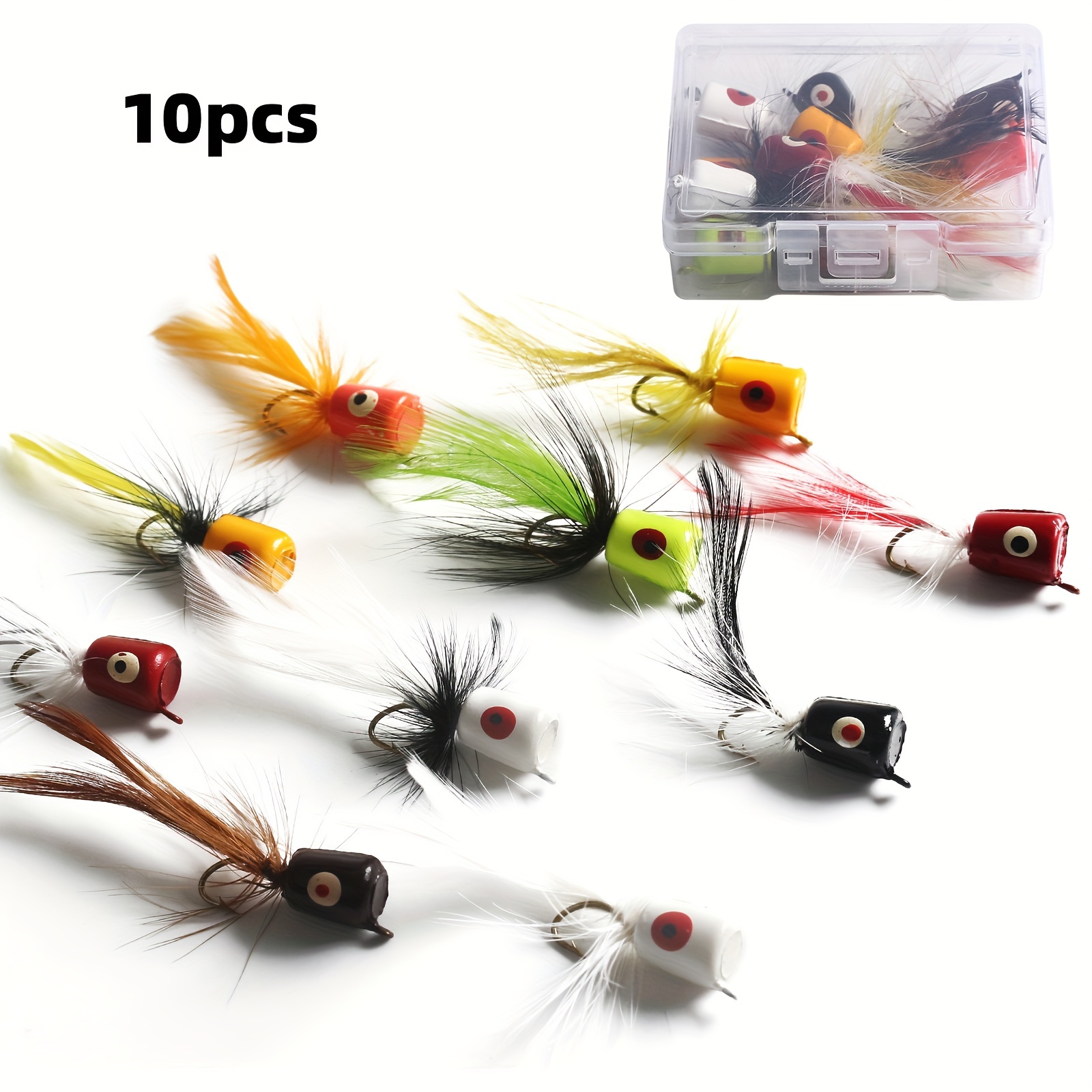 

10pcs/box Fishing Popper Fly Lure, Fly Hook, Bionic Flies For Bass Bluefish Trout