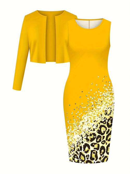 new womens two piece dress set with a long sleeve cardigan top