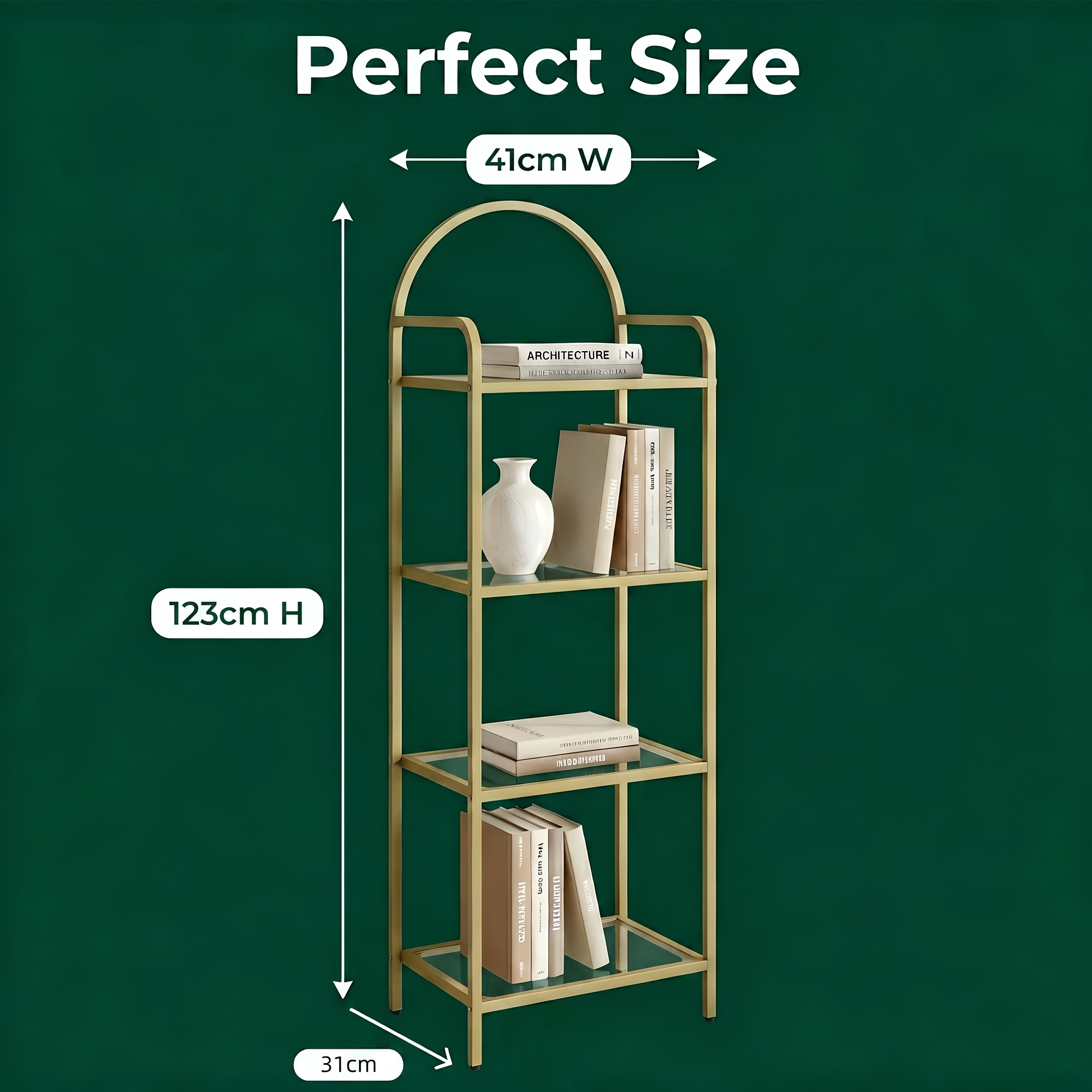 Image of Bookcase, Narrow Bookshelf, 4 Shelves, Metal Frame, Space-, Floor-standing Storage Unit, For The Living Room, Bedroom, Study Or Office, Golden, Contemporary Luxury
