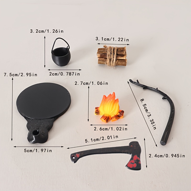 Image of Mini Picnic Bonfire Hanging Stove Set - Includes Hanging Stove, Pot, Firewood, Etc. No Electricity Required. Suitable For Dollhouses, Haunted Houses, Party Decorations, Halloween Themes