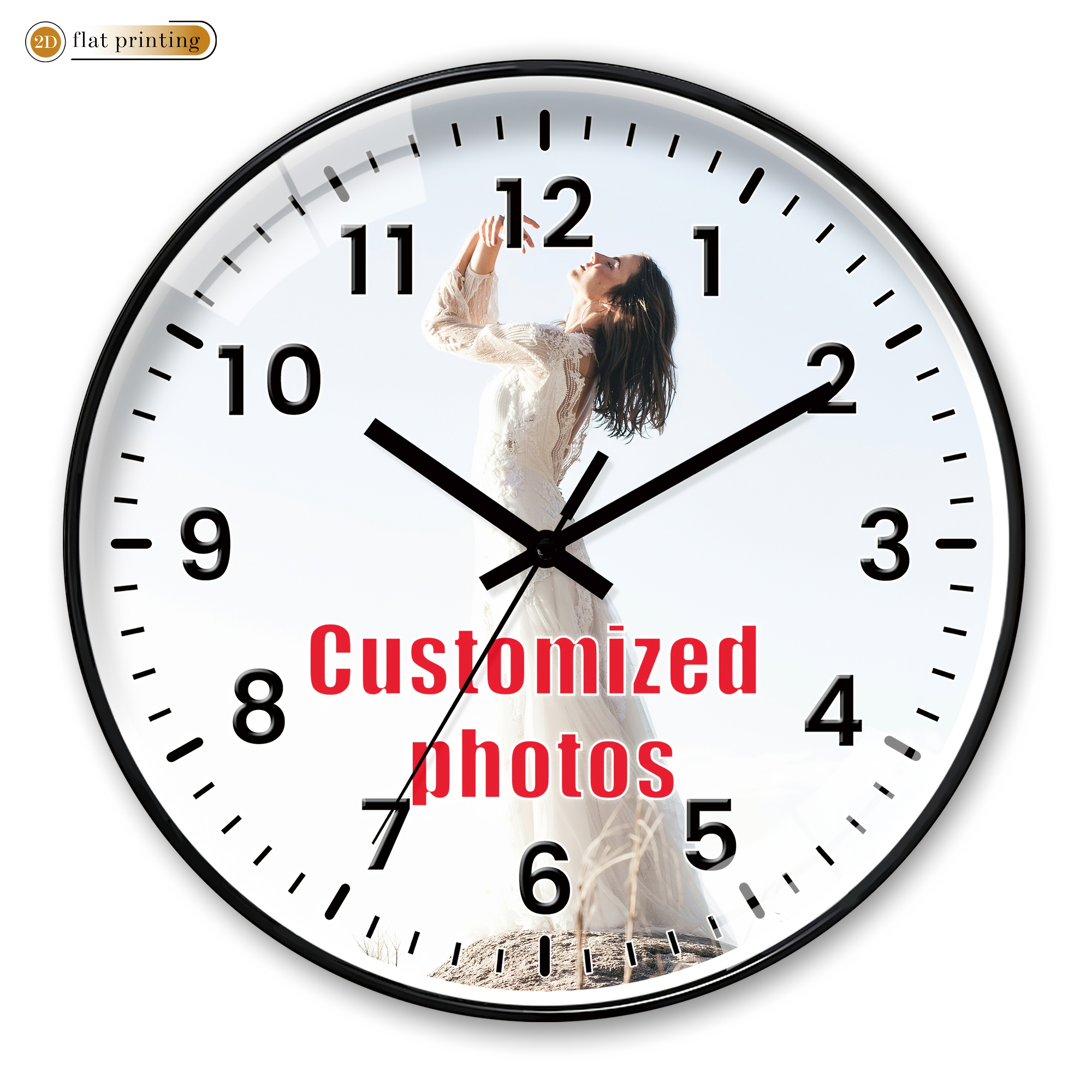 E-shop Personalisierte Foto Wanduhr aus Kunststoff, 10-16 Zoll Runde Quarzuhr, mit einer Braut in einem weißen Hochzeitskleid, geeignet für