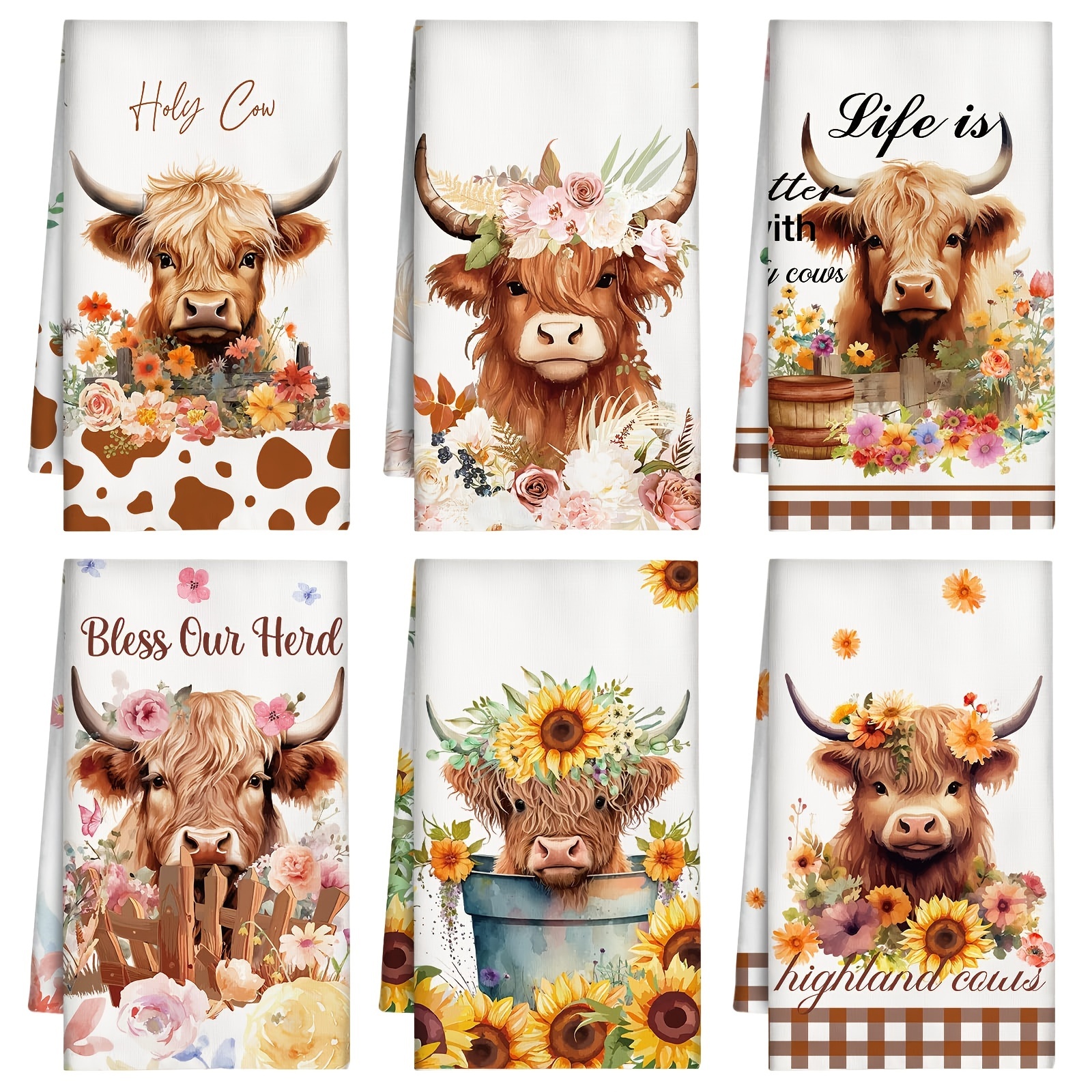 

6pcs Highland Cow & Sunflower Kitchen Towels - Soft, Absorbent Polyester Dish Cloths With Vibrant Farmhouse Designs - Ideal For Drying Dishes & Hands, Gift For Women, Birthdays, Showers, Christmas