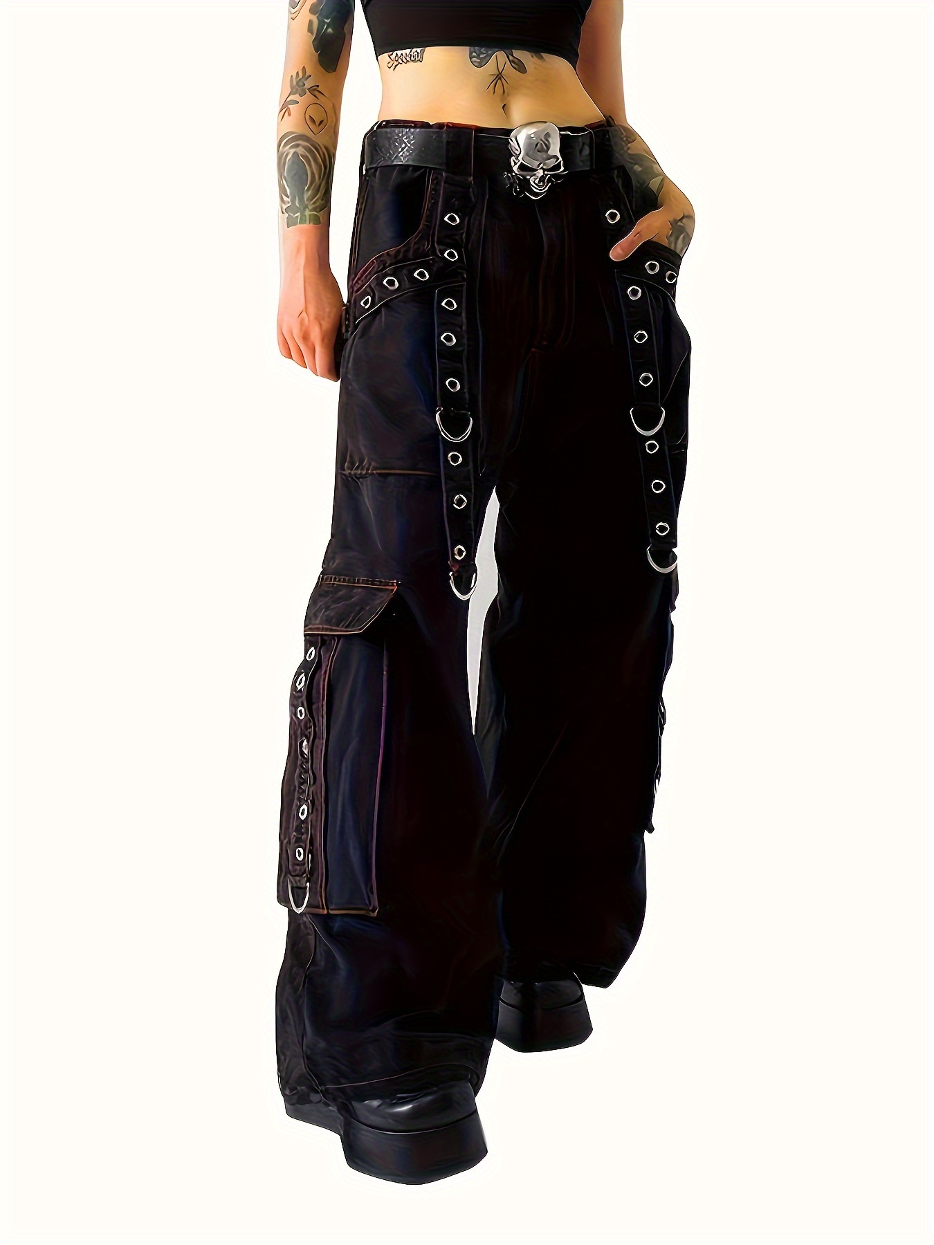 Black Cargo Pants Women Pants Chain Wide Leg Goth Hippie