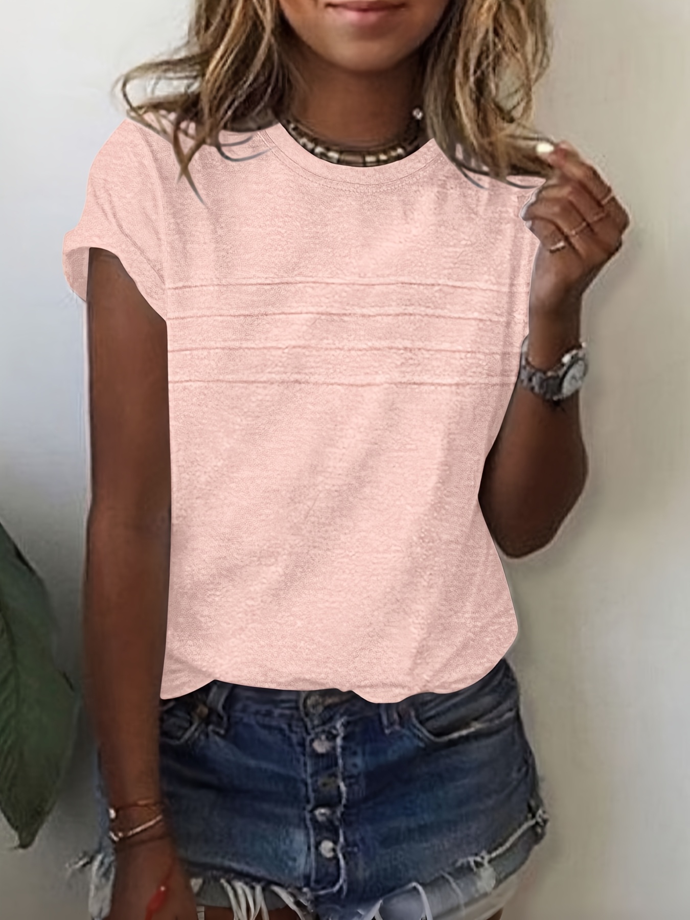 Women'S Stylish Commuting Shirt with Pleated Design at The Chest, Round Neck, And Short Sleeves.