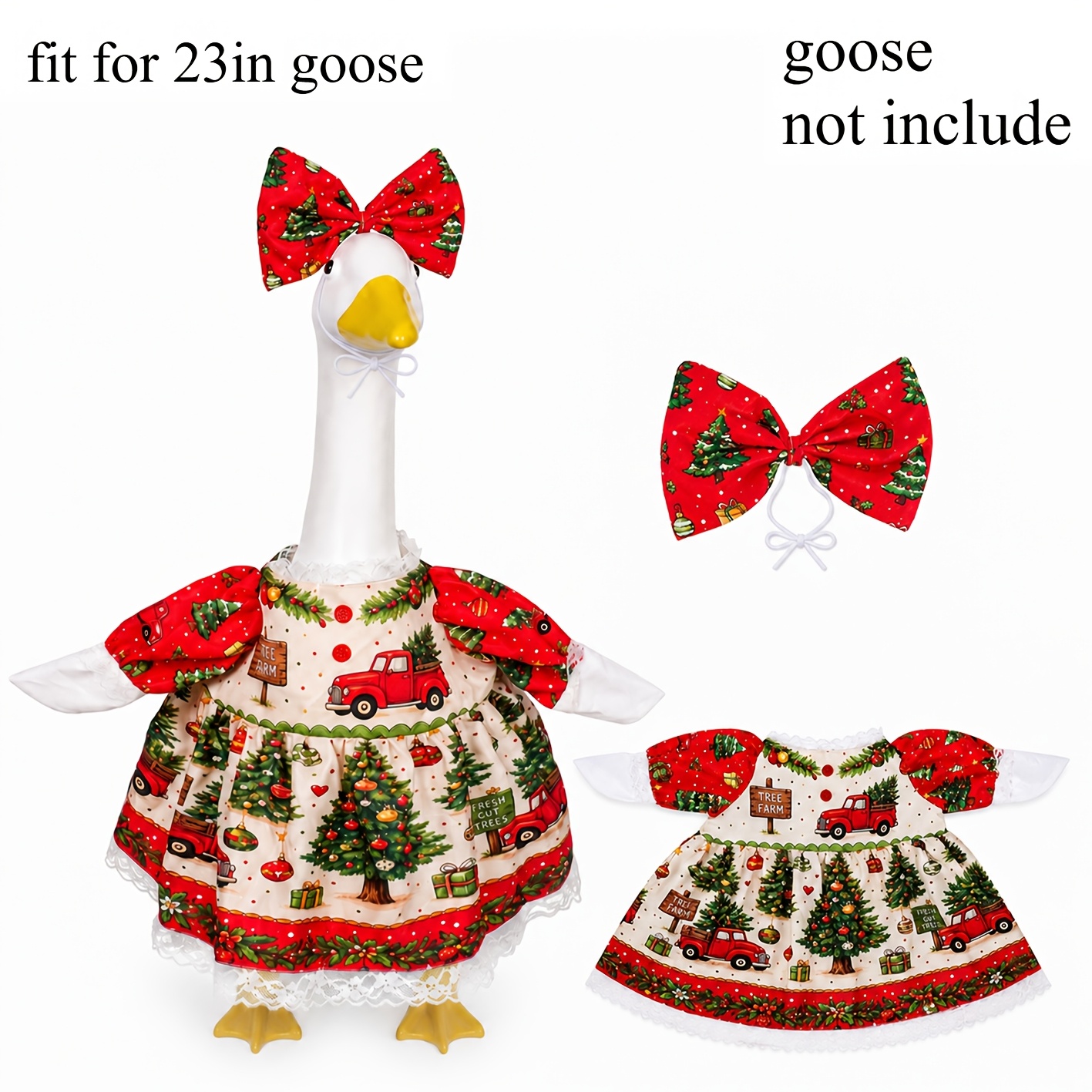 TEMU Tenue d'oie d' de de Noël avec imprimé camion rouge et robe en dentelle, grand nœud rouge, pour statue d'oie de porche de 23 pouces, décoration