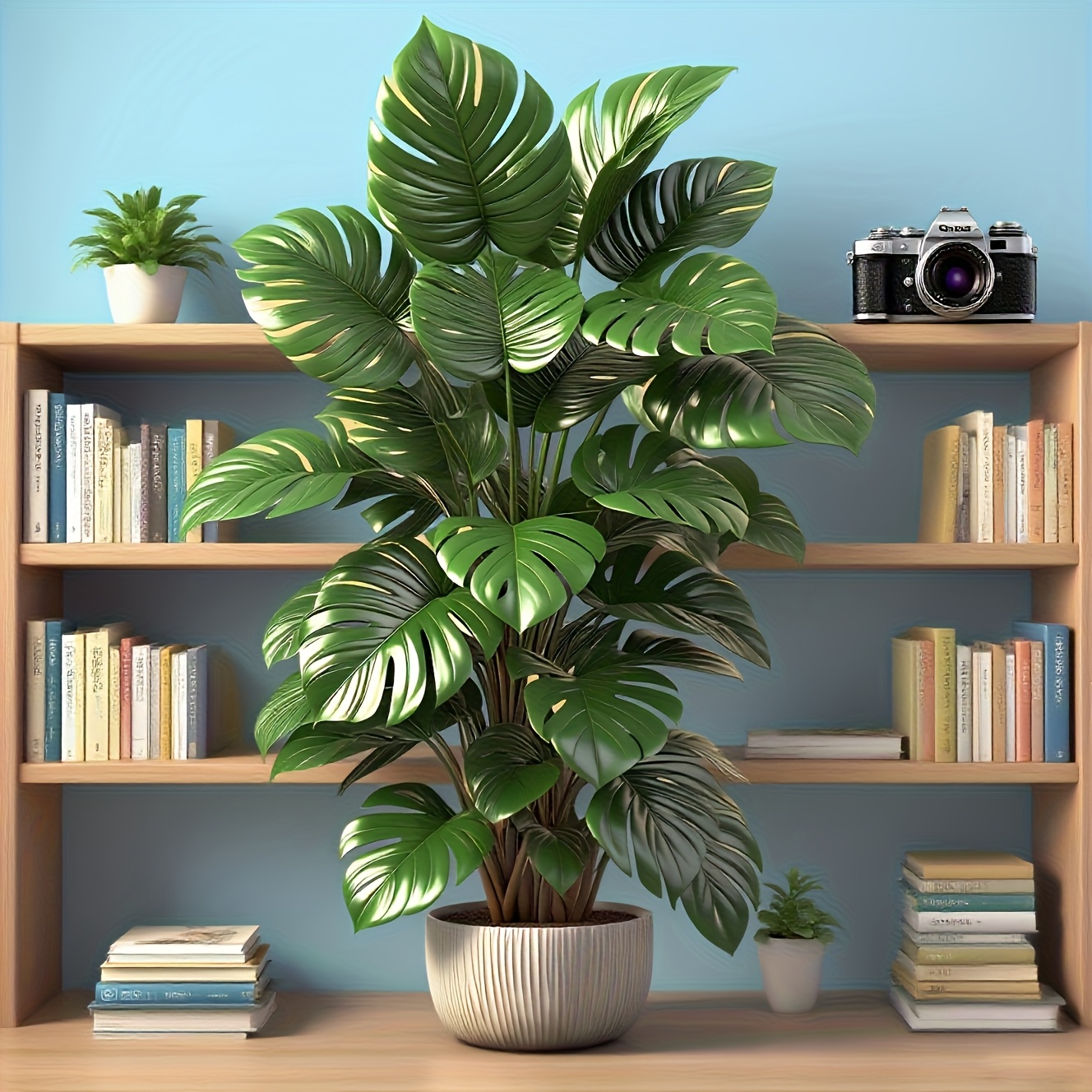 Een grote kunstmatige palmboom met weelderig blad - een realistische nepplant voor binnen en buiten