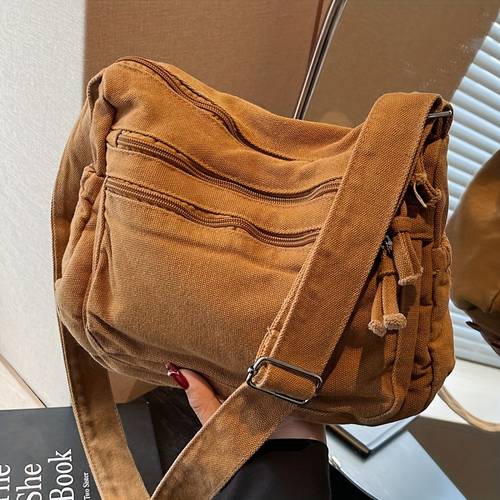 varebillede letvægts dame mode sports stil stof crossbody taske, multi-lynlåslomme design, stoffarve tilfældig, let og farverig, egnet til alle sæsoner, justerbar til skulder/crossbody