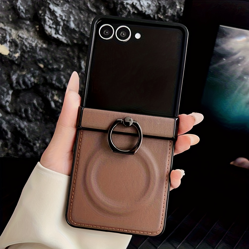 TEMU Coque de téléphone - Coque de téléphone en cuir artificiel pour Samsung Galaxy Z Flip 7 6 5 4 3, support de bague magnétique, antichoc,
