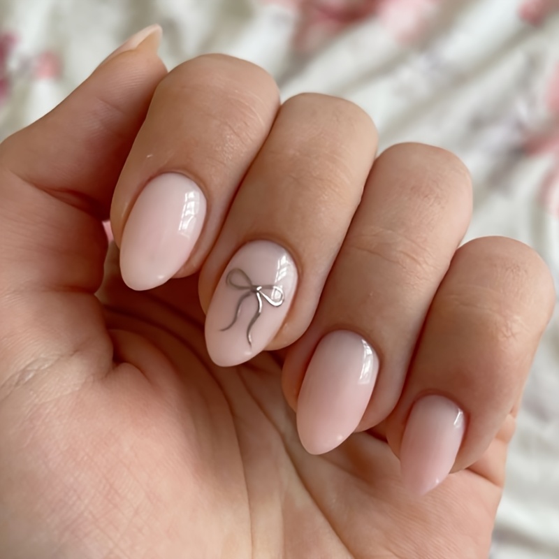 24pcs On Nails Silvery Bowknot Decor False Nails Short Almond Shape Fake Nails Manicure Set Includes 1sheet Adhesive Tabs And 1pc Mini File Wear