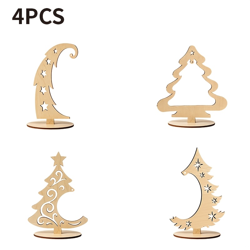 TEMU 4pcs Wood Unfinished Wooden Christmas Tree Cutouts With Base - Retro Tabletop Centerpiece Suitable For Xmas Table Decor, Holiday Desktop