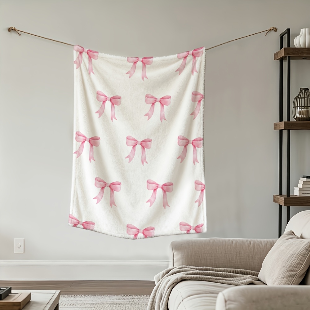 TEMU 1pc, Bow Print Blanket, Flannel Dining Table, Off-white Background, Printed With Multiple Pink Bow Patterns, Single-sided Printing, Suitable For