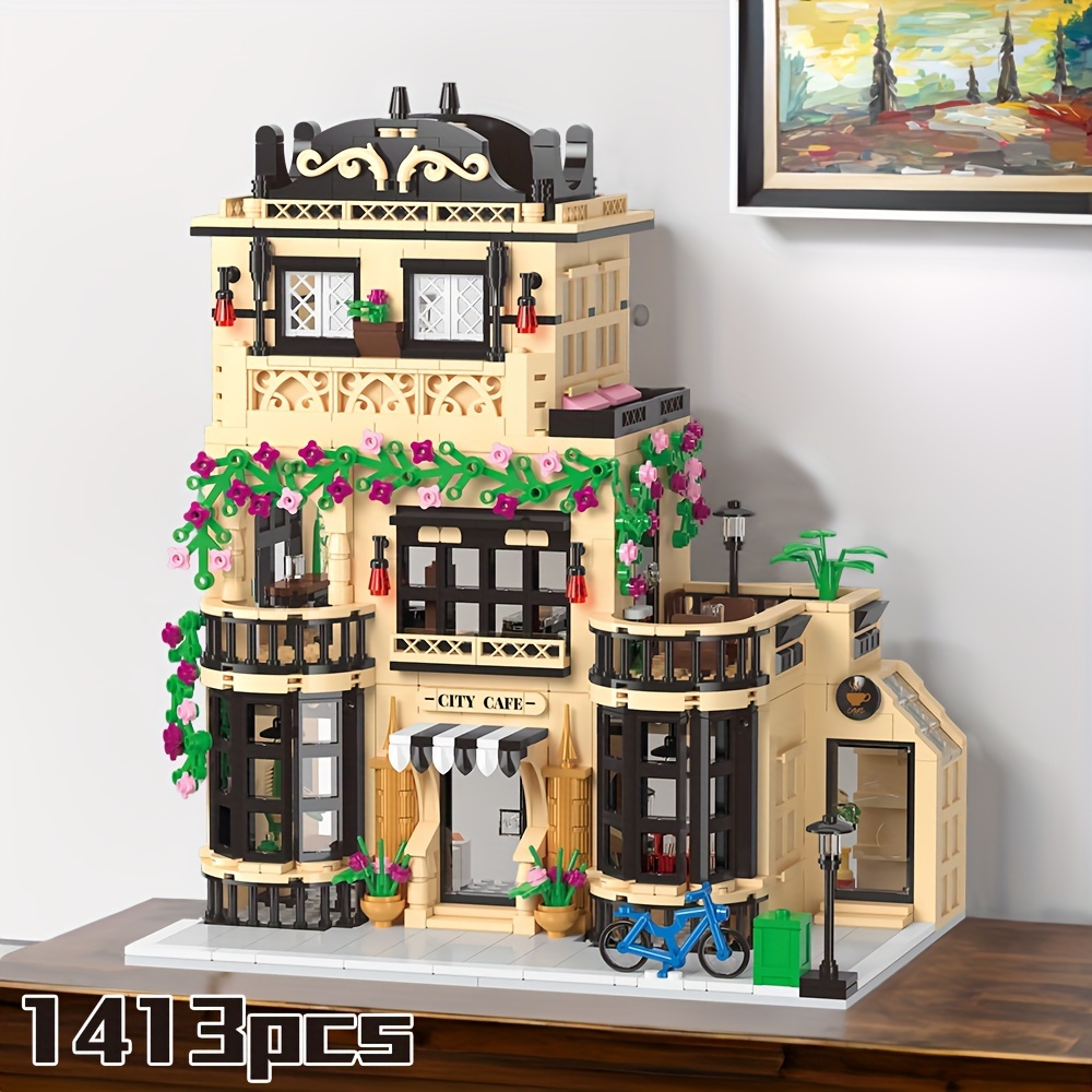 

City Cafe Building Block Set: Coffee Shop City Street House Construction Toy For Adults & Teens 14+, 1413 Pieces Mini Bricks With Led
