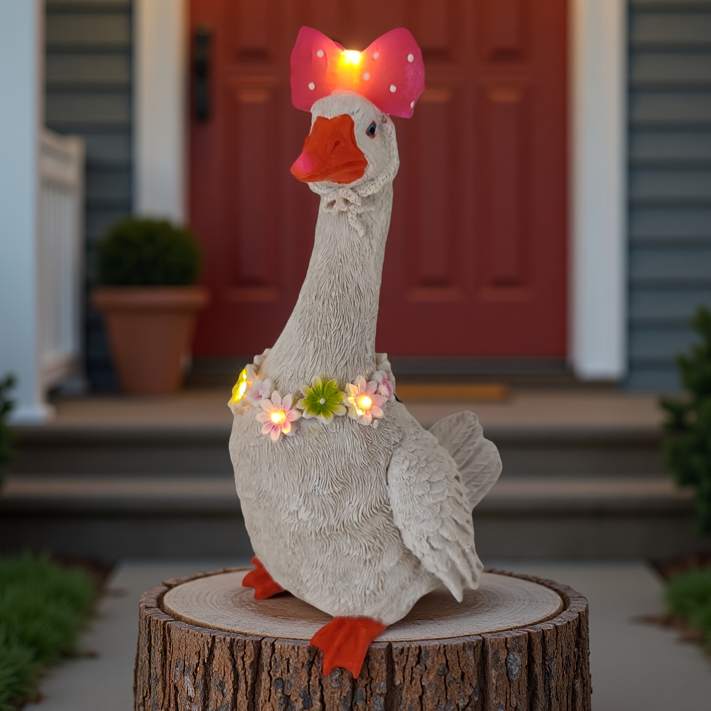 TEMU Solar Porch Goose Statue With Glowing Goose Outfits, 12 Inch Resin Garden Decor Geese Figurine Light Ip44, Outdoor Sculptures For Garden Stairs,