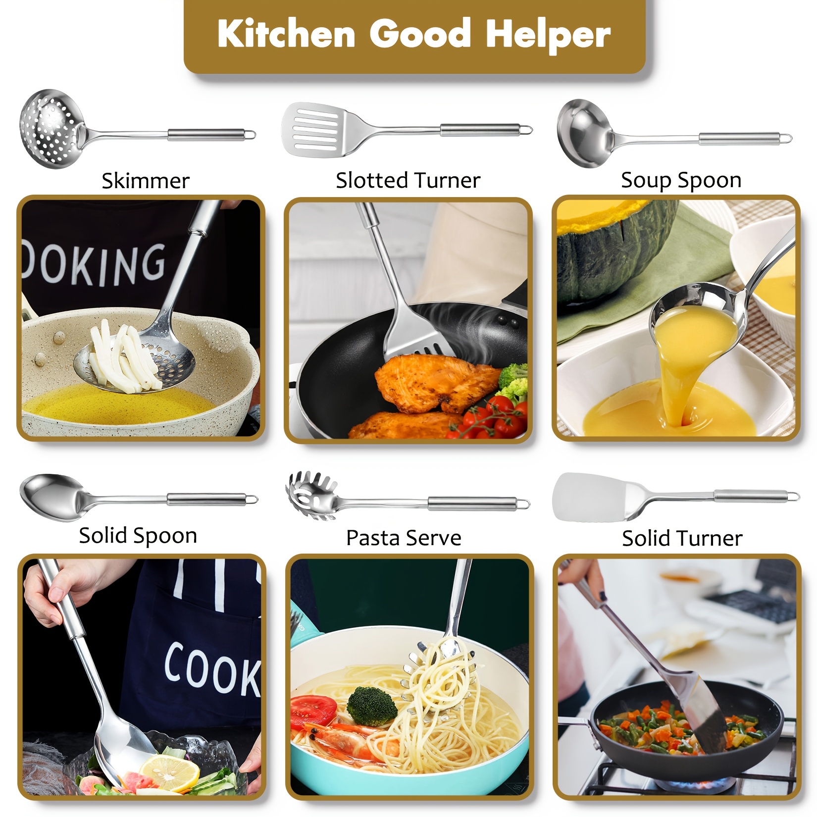 set of 10 stainless steel kitchen tools including heat resistant spatula turners serving spoon ladle skimmer and pasta fork Product details 2