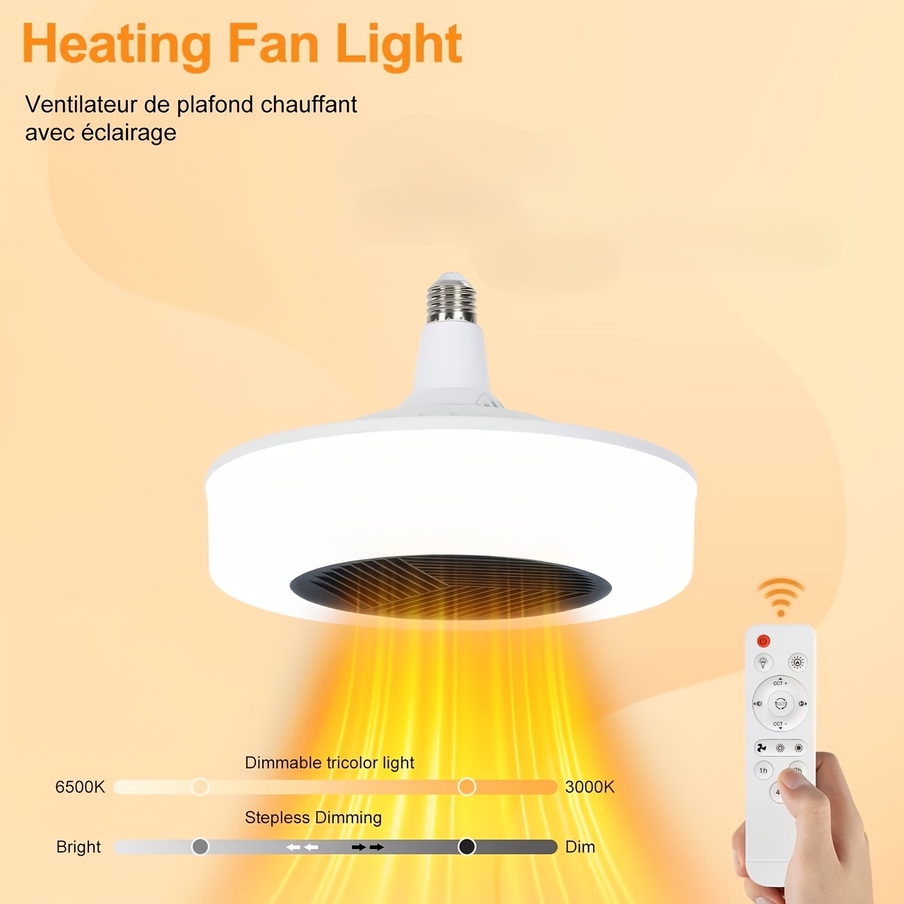 TEMU Heating Fan Light 3 In 1 Space Heater With Fan And Light, Led Ceiling Heating Lamp Electric, Ptc Ceramic Heater, E26 Led With Remote Control,