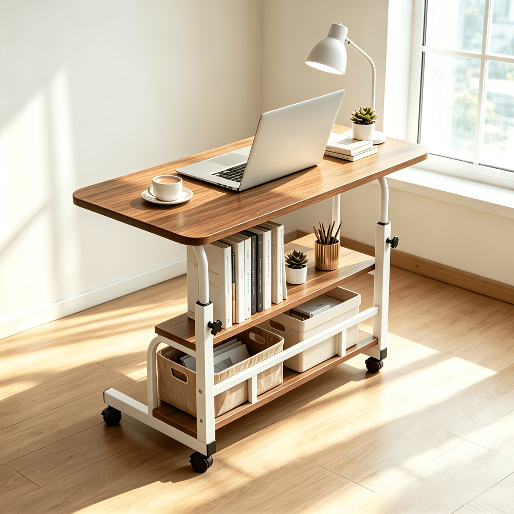 TEMU Super Sized Three-layer Wheeled Office Computer Desk With Double-layer Storage Rack, Mobile Laptop Cart, Roller Sofa Side Table, Metal Frame,