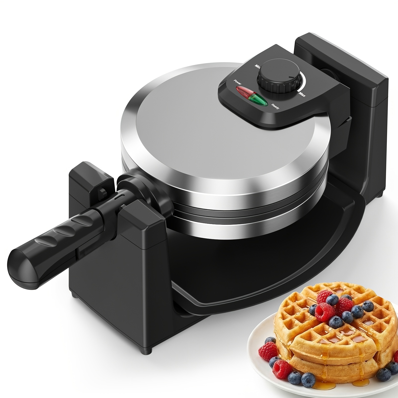 TEMU Waffle Maker, Rotating Belgian Waffle Maker, 180 Degree Flip , Adjustable Browning Control, Plate, Removable Drip Tray, Space Saving Storage, Stainless Steel, Foldable Handle