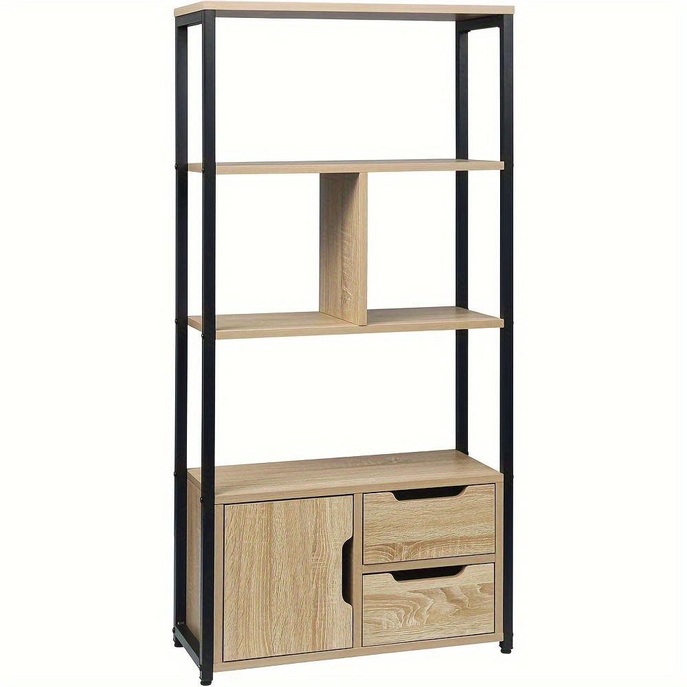 Image of 1pc Vertical Bookshelf Bookcase Kitchen Shelf Office Shelf Shoe Rack Iron Shelf Shelf With Cabinet And Drawer For Office, Living Room, Mdf Metal 58x24x120 Cm, Light Oak