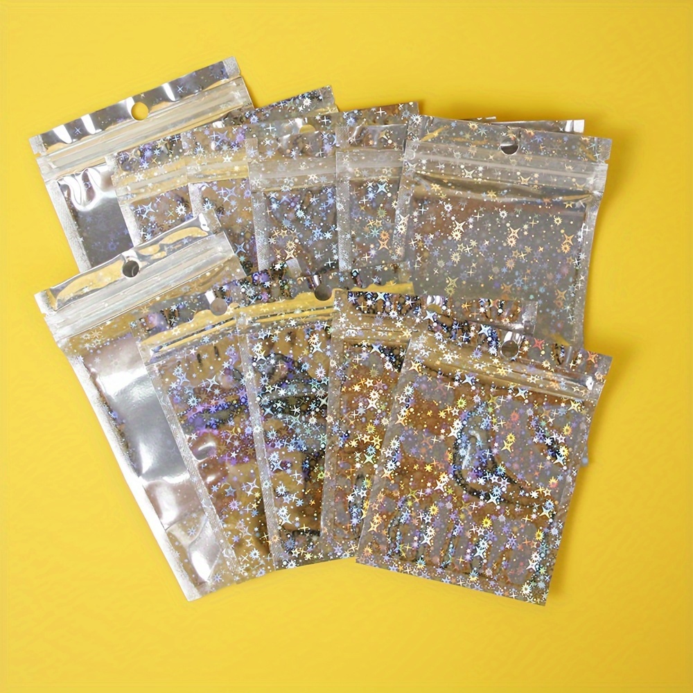

100pcs, Star Laser Yin Yang Bone Bag Flashing Aluminum Foil Plastic Bag Holographic Sealing Packaging Bag Self-sealing Bag Stationery Clip Jewelry Necklace Earrings Socks Packaging Bag Airtight Bag