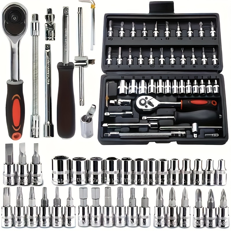 

Newshark 46-piece Socket Set With Quick-release Ratchet - Carbon Steel Manual Tool Kit For Auto & Truck Repairs, Includes Screwdriver Bits, Hex Keys, Extension Bar & Storage Case