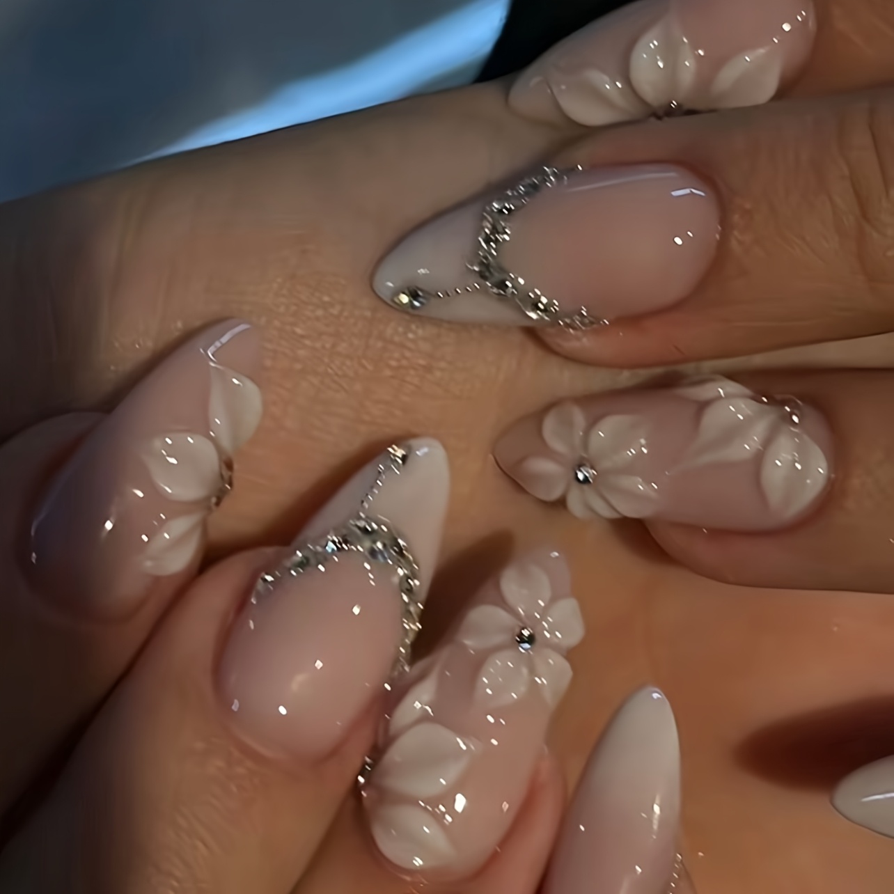 24pcs     ombre press on nails suitable for women medium almond shape with 3d flower tips glossy full cover reusable   nails nail tips for wedding party spring summer dates daily wear special occasions
