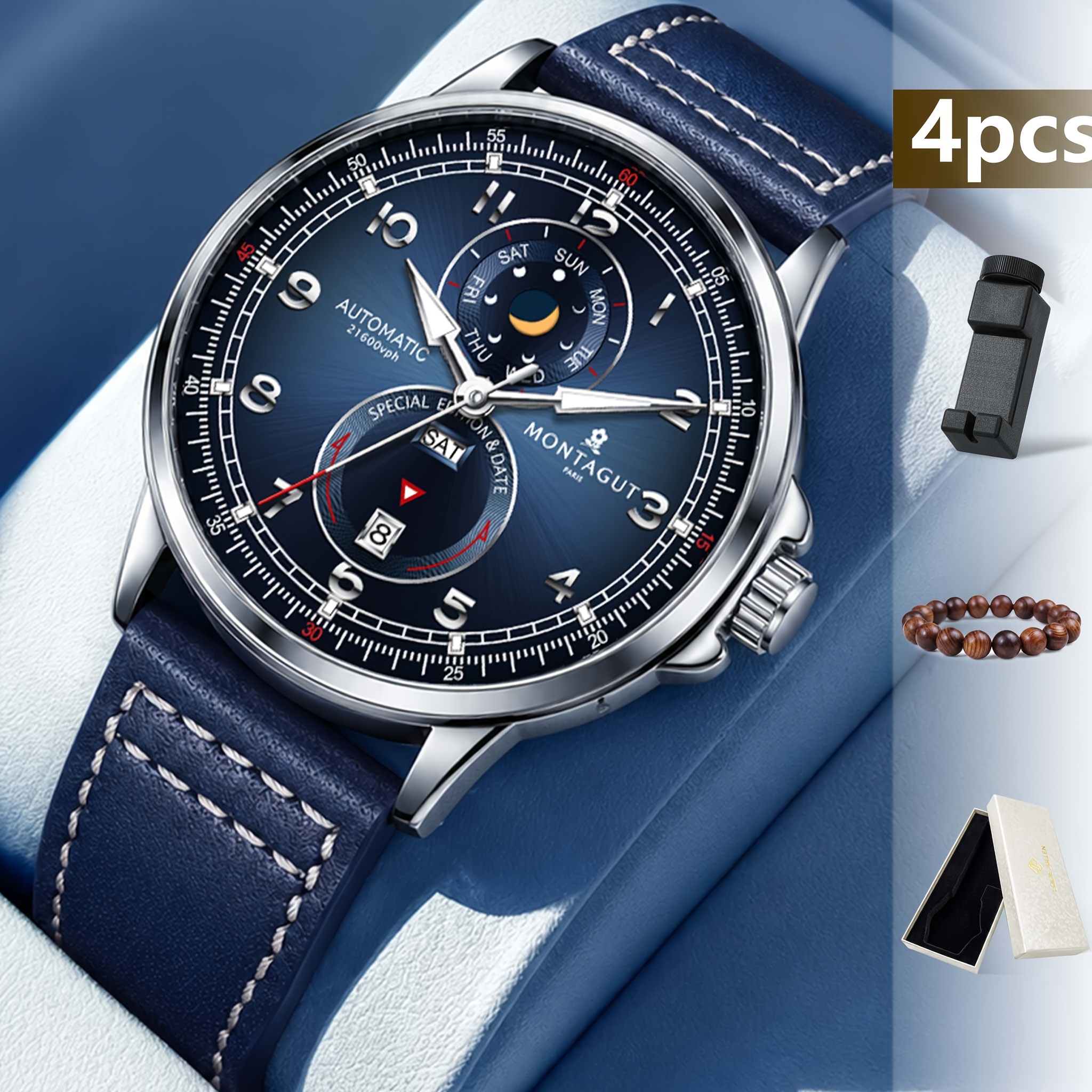 (luxury Brand) Men's High-end Automatic Mechanical Watch - Elegant Strap, Night-light Display The Sun, Moon, And Stars, And A Design.