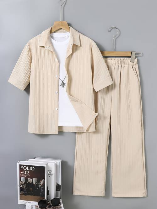 boys clothing boys outfit long pants set spring summer autumn wear back to school and graduation season outfit solid woven striped fabric casual collared shirt and elastic waist belt slant pocket long pants set suitable for outdoor