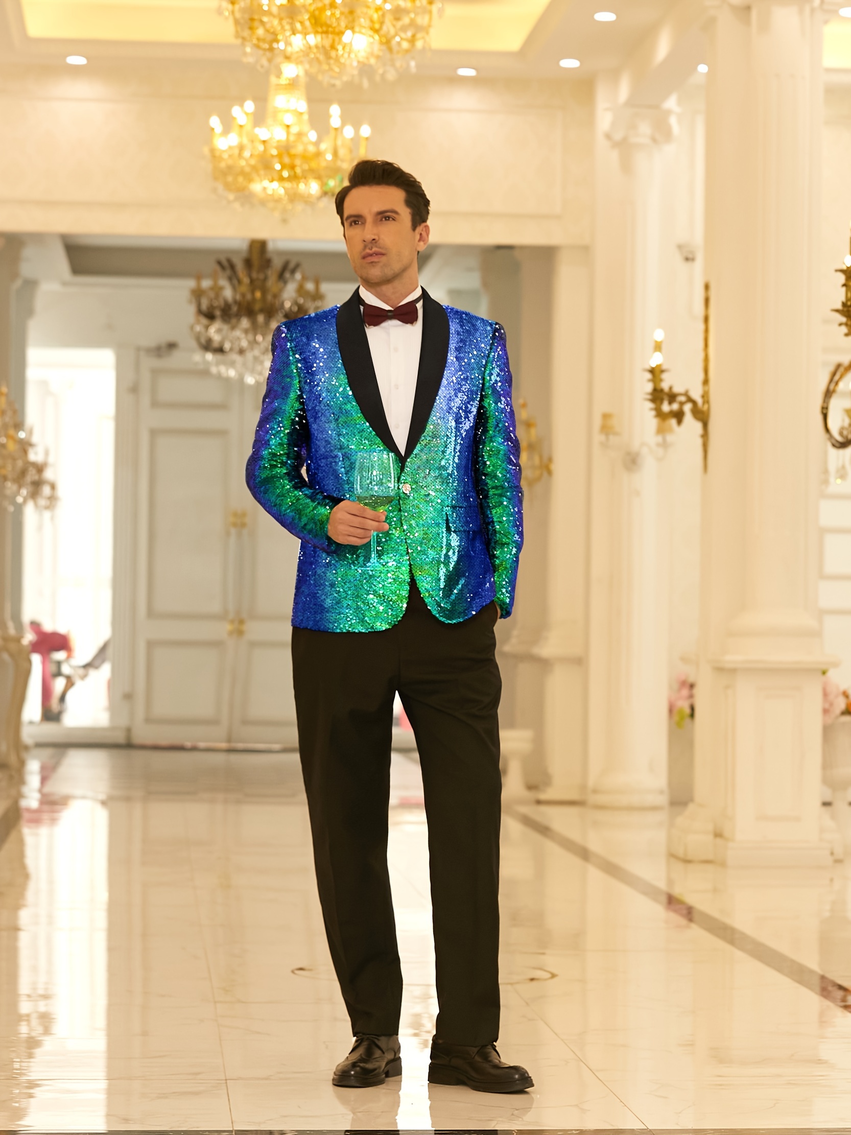 Veston Homme Chic Men Shiny Sequin Blazer Tuxedo Party Dinner Prom