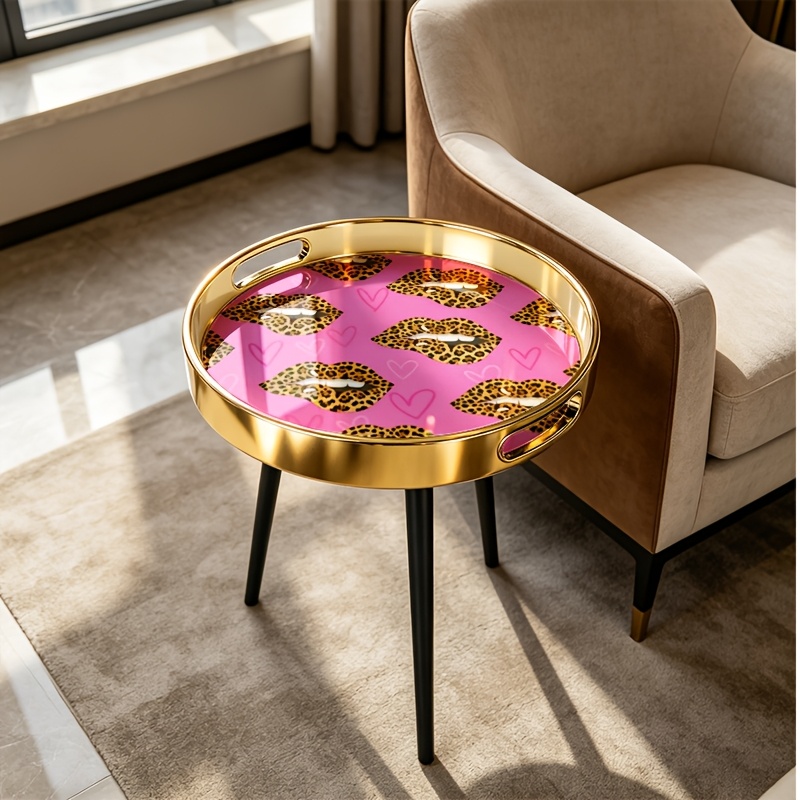 TEMU Round Side Table With And Hot Stamping Leopard Print Lips Design, Fashionable And / For Bedroom Vanity, Living Room Corner, Study Decoration /