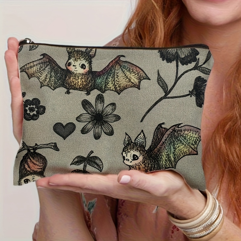 TEMU Cute Bat And Floral Makeup Bag And Coin Purse - Fantasy Cartoon Design, Durable Polyester Material, Mixed Colors, Hand Washable - Gift For , Bat