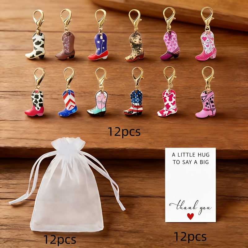 Image of 36pcs Western Cowboy Theme Boots Keychain Set Includes 12 Keychains/12 Cards/12 Organza Bags - Decorate Bags Backpacks Car Keys, Suitable For Birthday Party Theme Party Anniversary Christmas Gifts