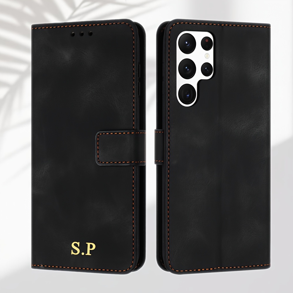 TEMU Personalized Pu Leather Wallet Phone Case For Galaxy A And Models, Customized Name Initial Letters 3d Golden Embossed Engraved, Leather Flip