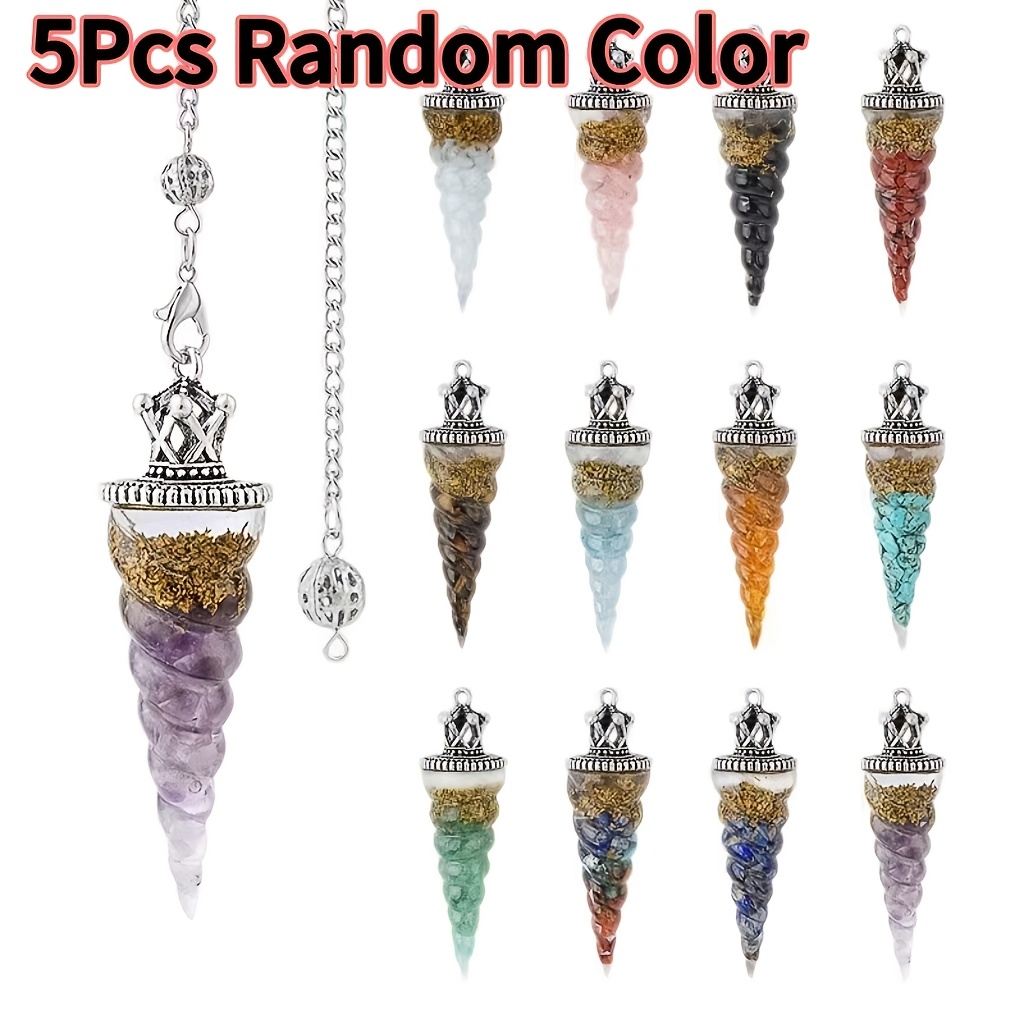 TEMU 5pcs Set, Random Colors, Natural Crystal Pendulum Pendant, Head Spiral Taper, Adjustable Frequency Resin Pendulum For Yoga And Meditation,