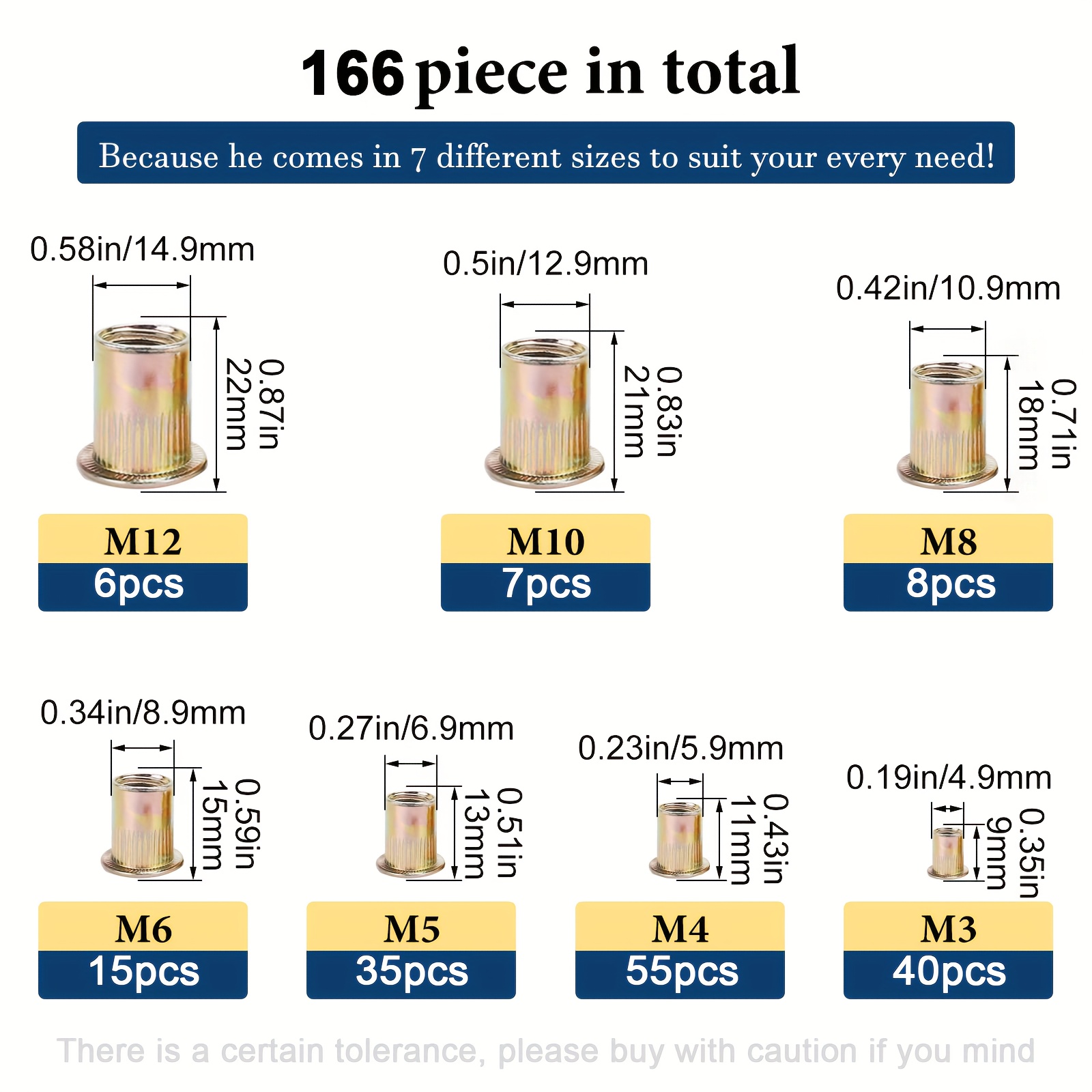 E-shop 166-teiliges M3-M12-Nietmuttern-Sortiment, verzinkter Kohlenstoffstahl, hochfeste Gewindeeinsätze mit flachem Kopf, vielseitiges Werkzeugset für