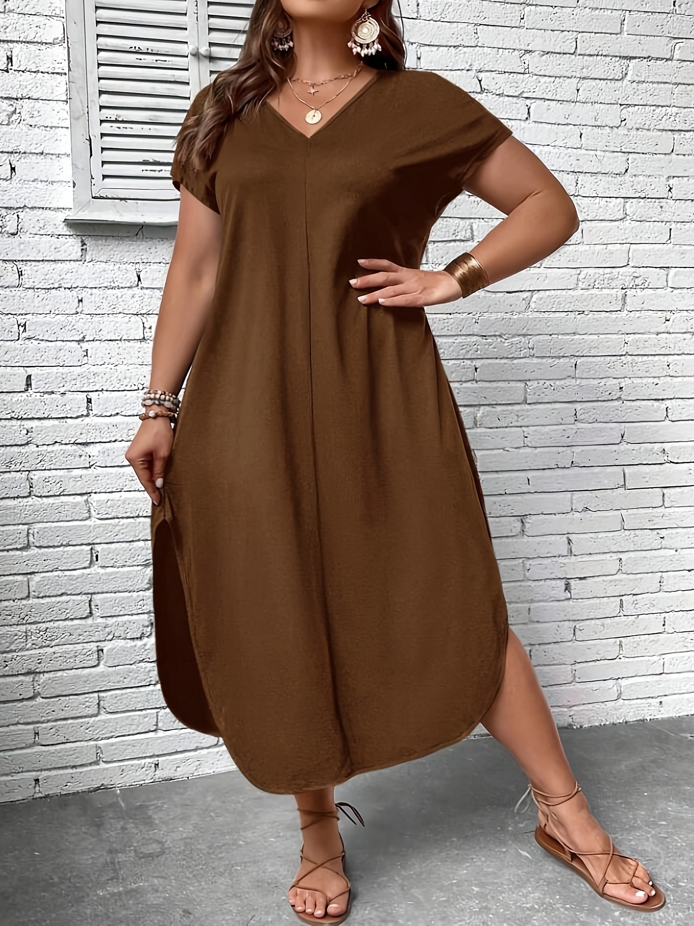 plus size womens plus size maxi dress v neck short sleeve a - Temu