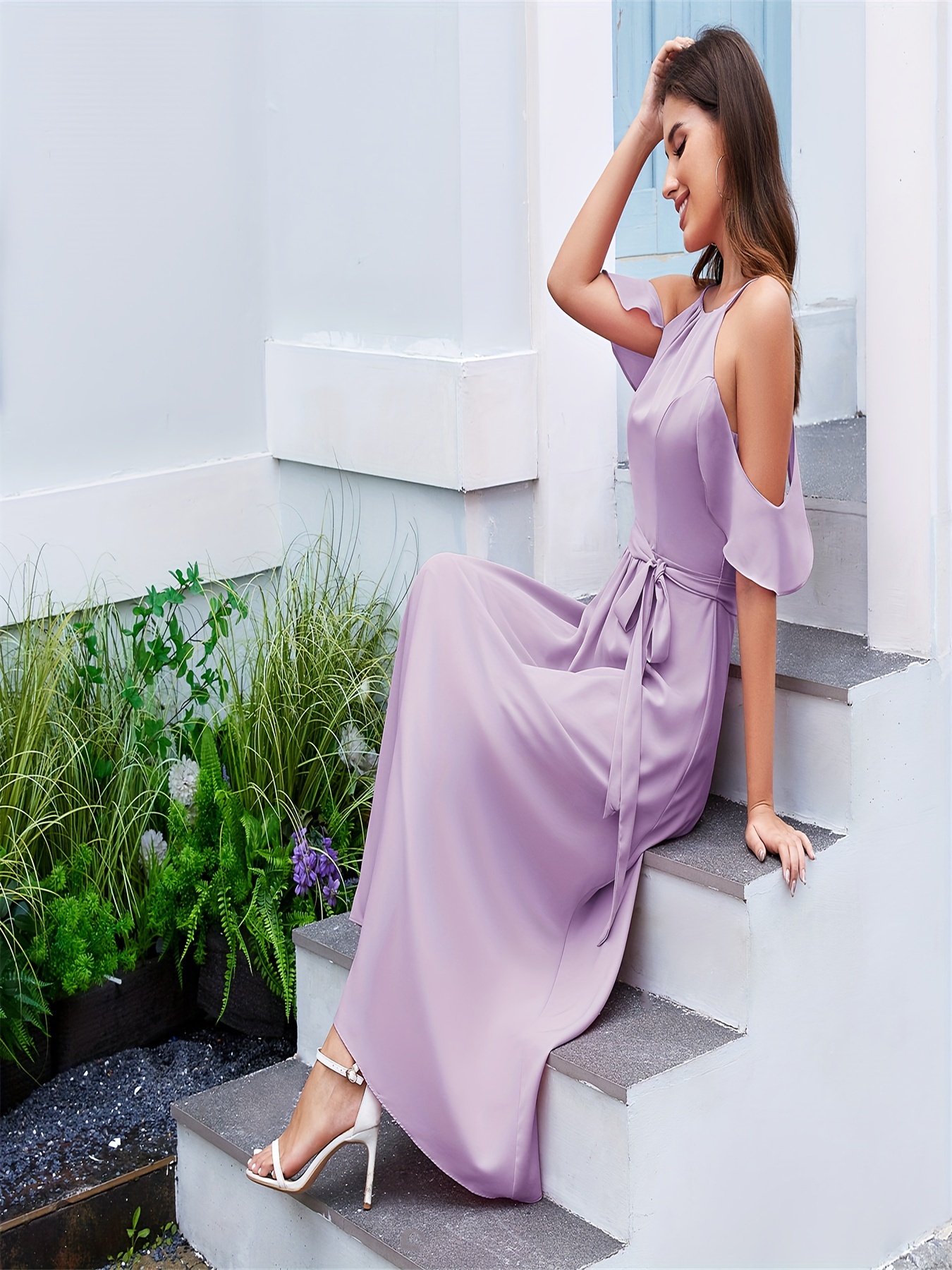 women v neck wrap ruffle dress chiffon high low midi dress Temu