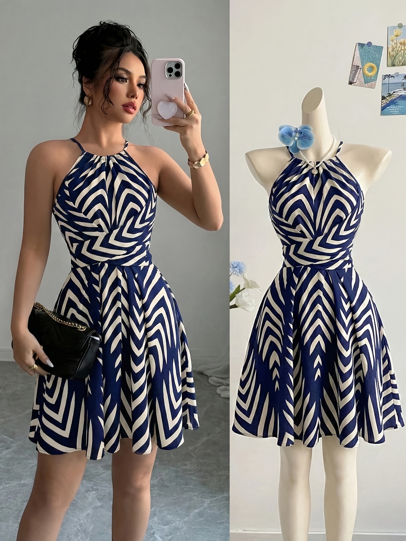 Vestido Curto Evasê com Laço e Estampado de Arco
