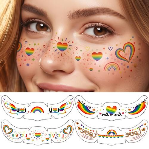 4 sheets face temporary tattoo stickers long lasting easy to apply and love decals self pride makeup stickers for parade music festival carnival party decoration