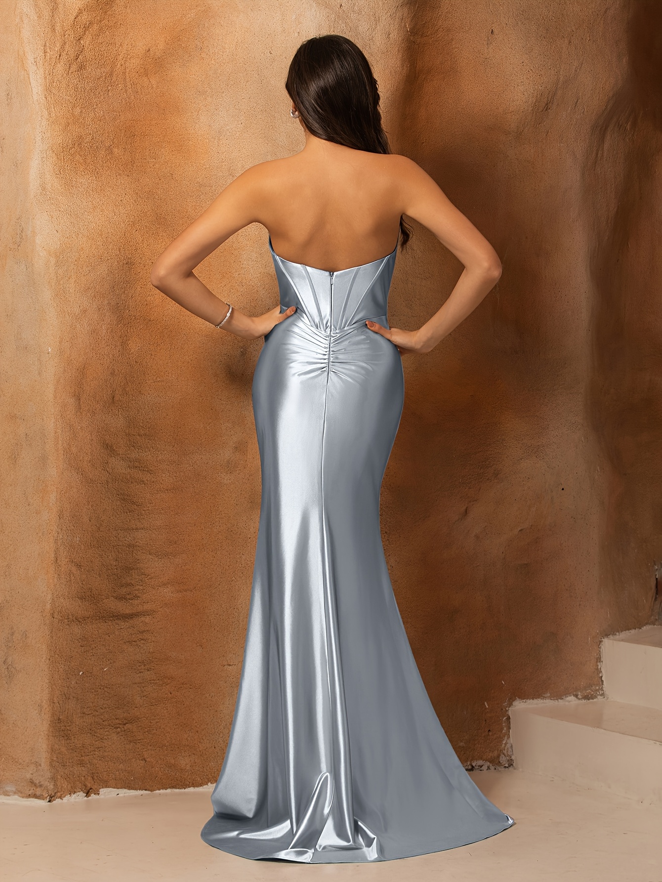 chinese dress ladies Formal Dress Silver Sleeveless Cowl Spaghetti Straps Trumpet/Mermaid Split Stretch Satin Formal Dresses main image 0