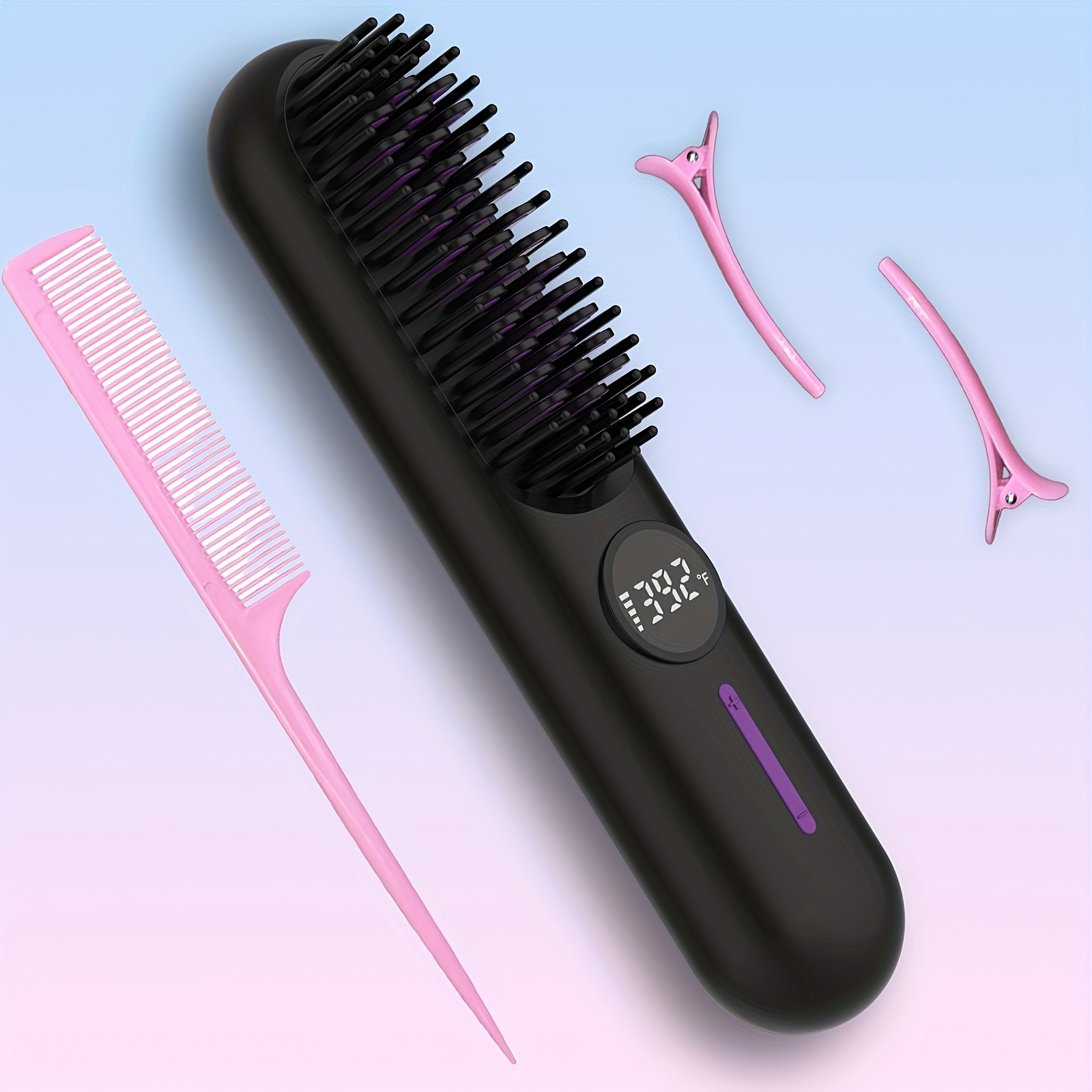 TEMU Cordless Hair Straightener Brush, Usb-c Rechargeable Heated Hair Comb, 7 Temperature Settings, Led Display, Compact Portable Hair Styling Tool